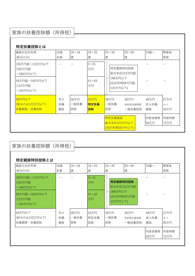 家族の扶養控除額（所得税）特定扶養控除、特定親族特別控除、源泉控除対象親族　2025.9.25-1
